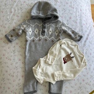 Carter's Little Planet Fair Isle Gray Knitted Baby Sweater Romper/Onesie (2 PK)